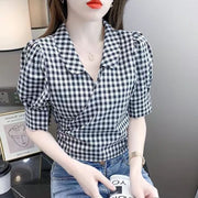 French Vintage Plaid Puff Sleeve Waist-Defining Blouse