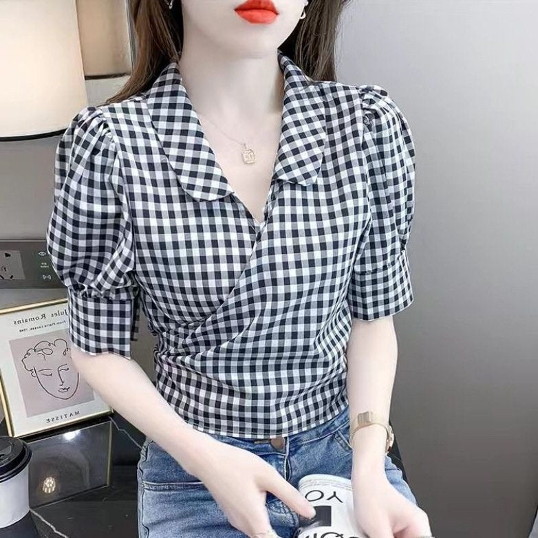 French Vintage Plaid Puff Sleeve Waist-Defining Blouse