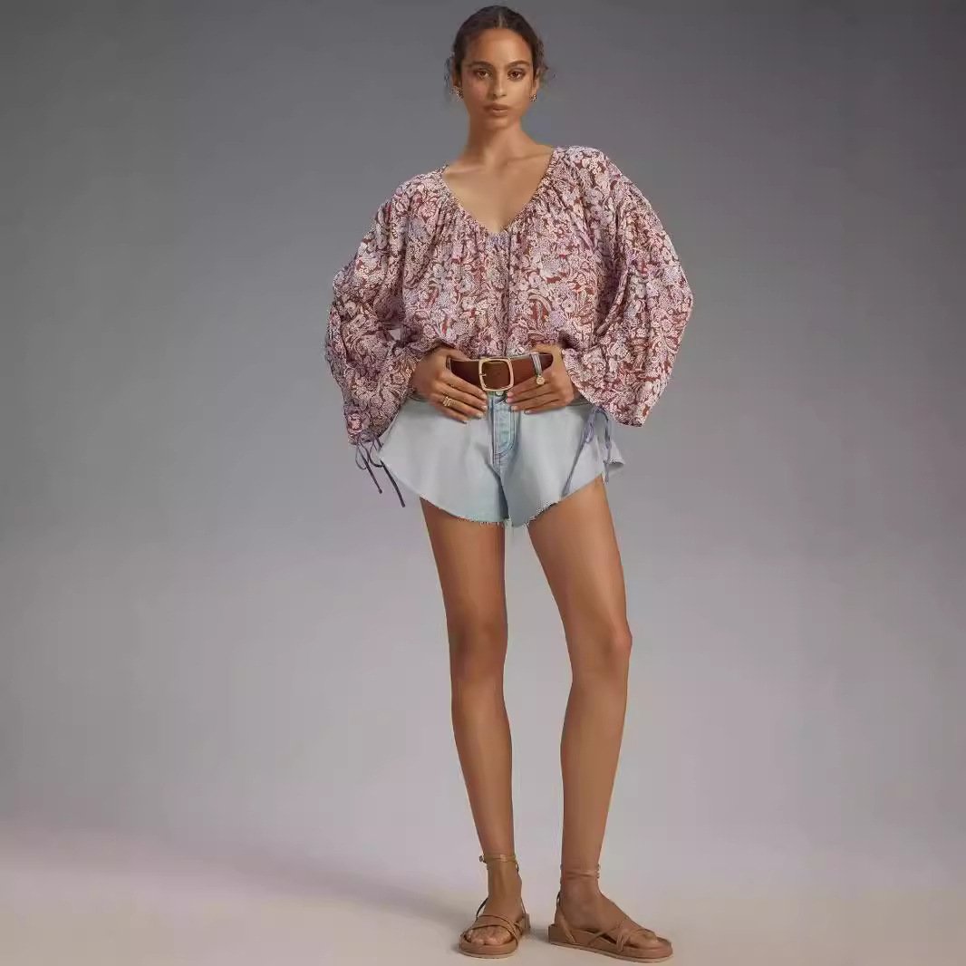 Floral V-Neck Long Sleeve Drawstring Casual Pullover Top