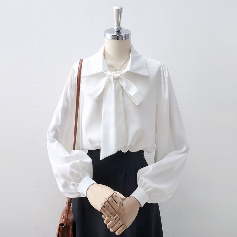 Women's Elegant Satin Bow V-Neck Blouse