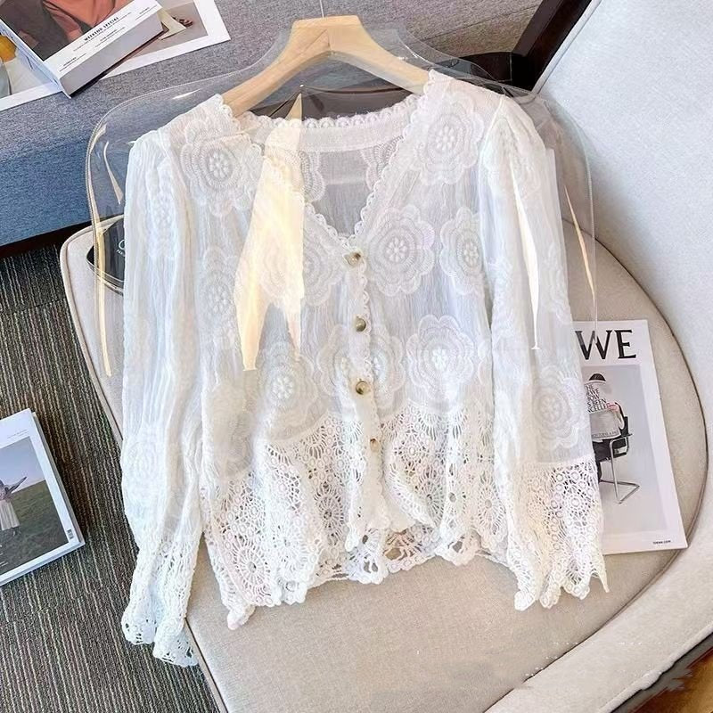 Women's Boho V-Neck Crochet Hollow Cardigan Loose Knit Top