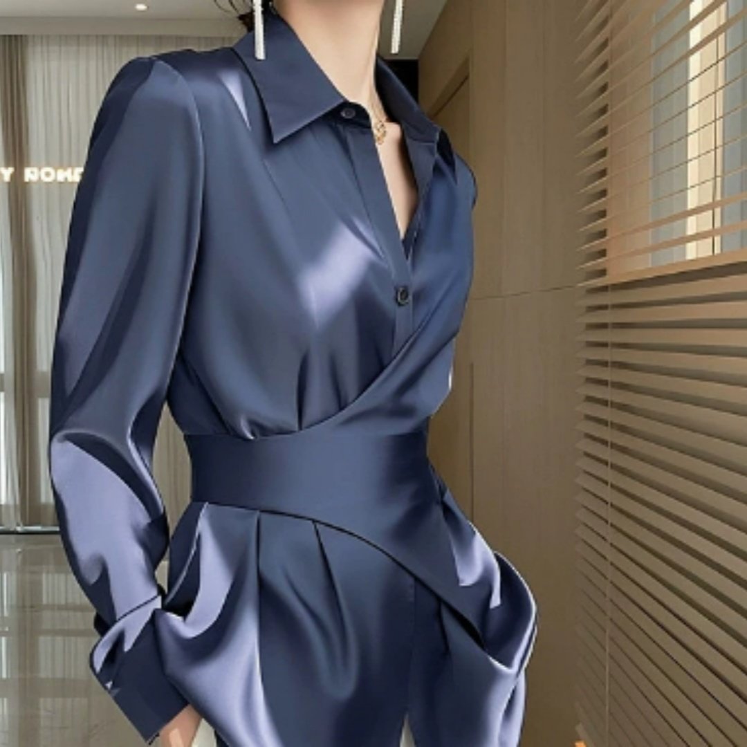 Chic Satin Waist-Trimming Blue Blouse for Women
