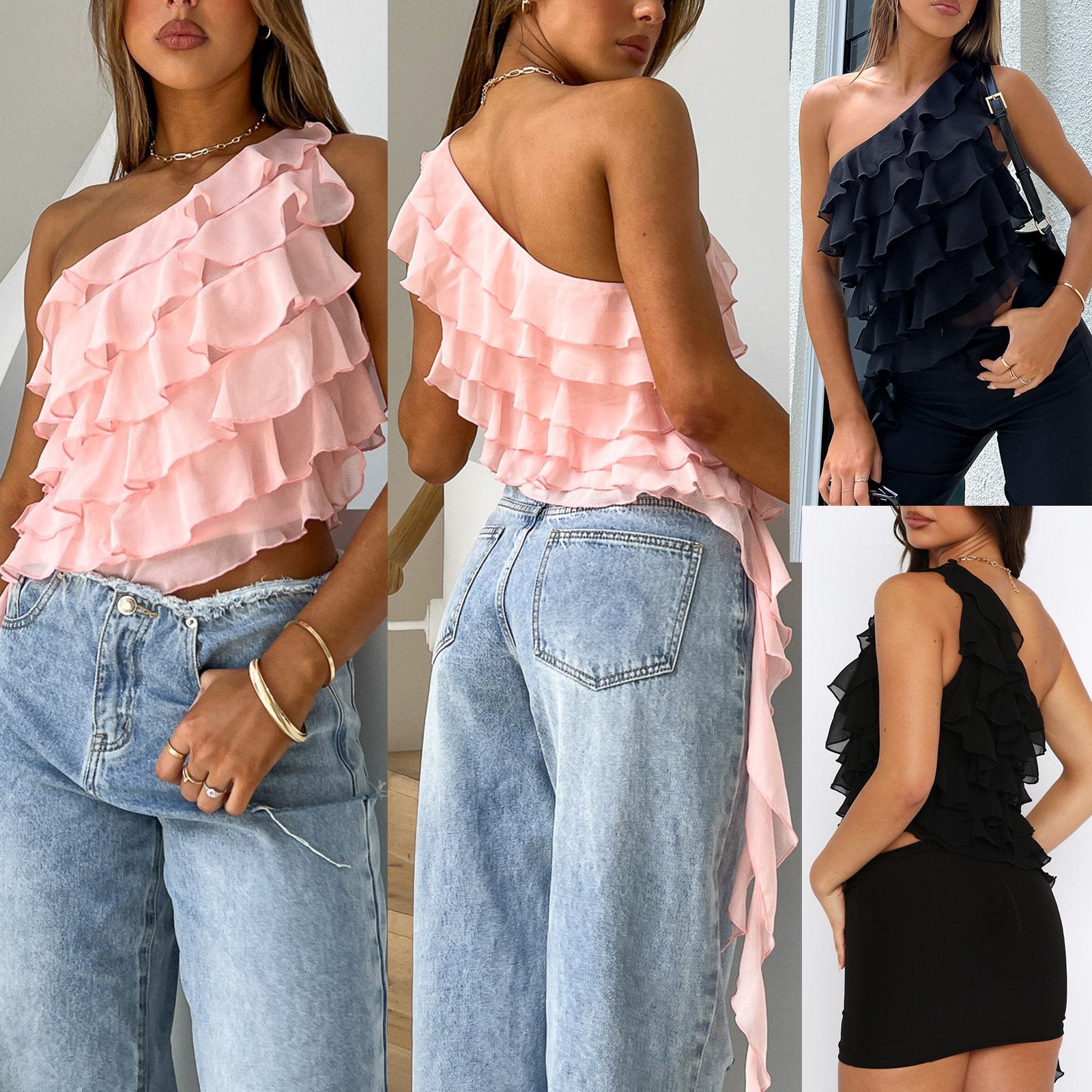 Pink & Black One-Shoulder Ruffled T-Shirts for Women