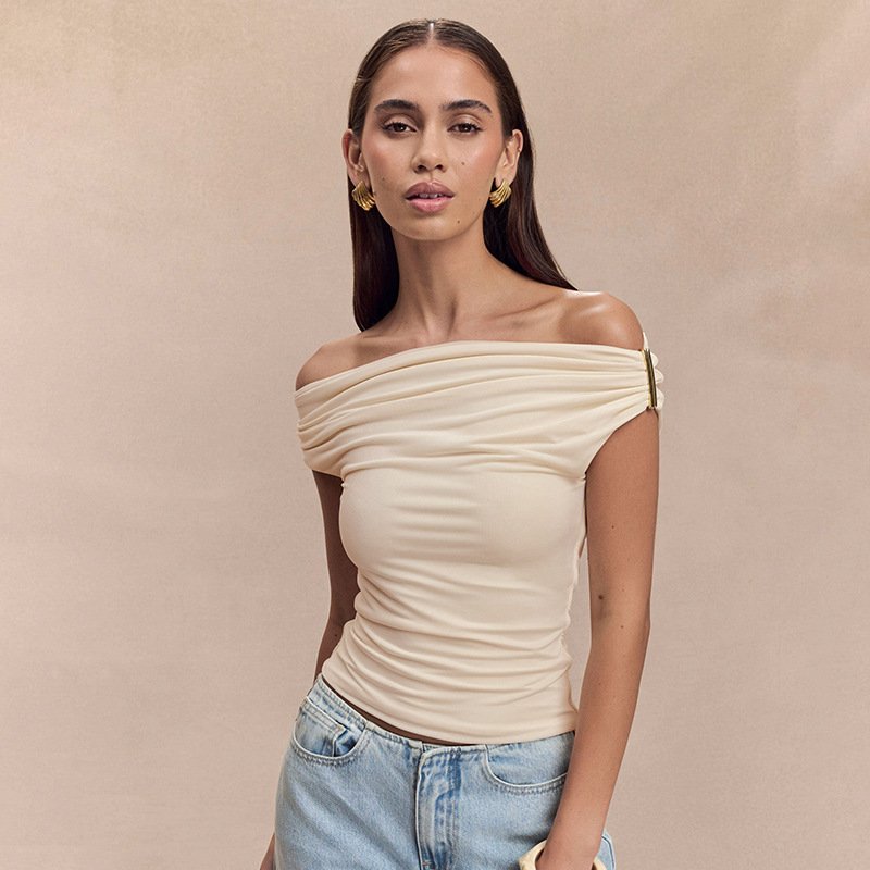 Slim Fit Off‑Shoulder Pleated Top – Light Apricot & Pink