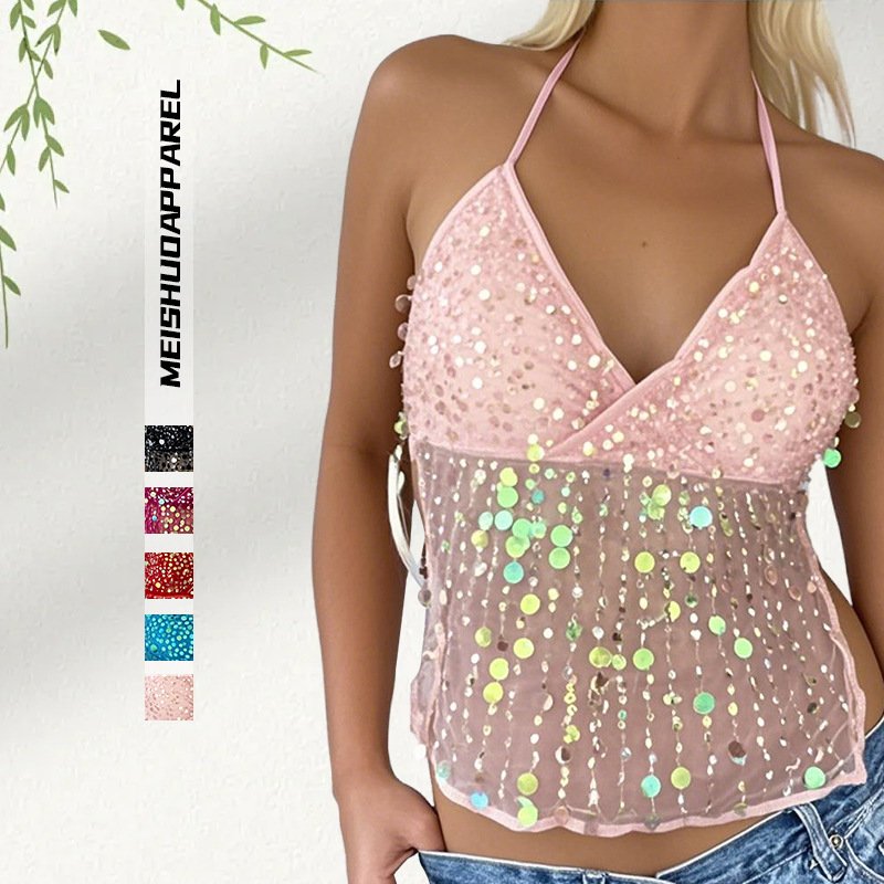 Sparkly Sequin Deep V Suspender Top