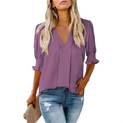 Women's Casual V-Neck Puff Sleeve Summer Blouse
