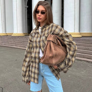 Women's Retro Plaid Button-Down Loose Long-Sleeve Shirt