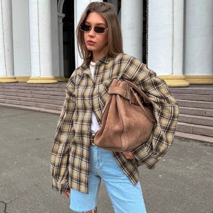 Women's Retro Plaid Button-Down Loose Long-Sleeve Shirt