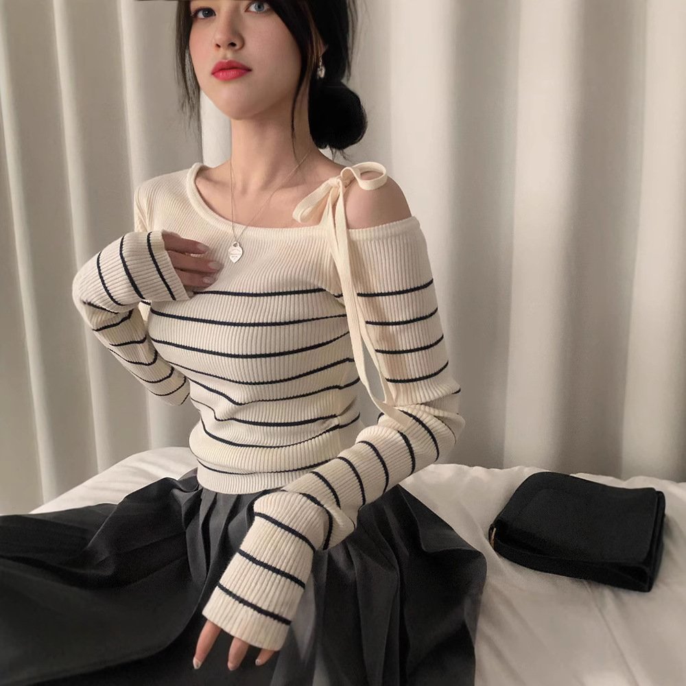 Chic Striped Off-the-Shoulder Sweater Top