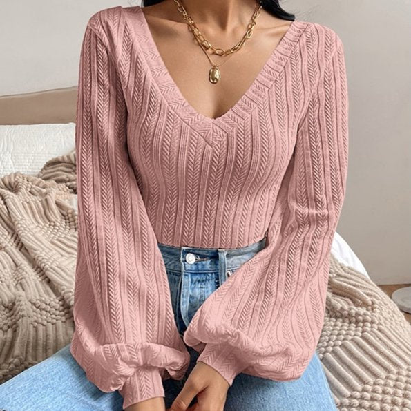 Elegant Twist-Knit Puff Sleeve Slim-Fit Top