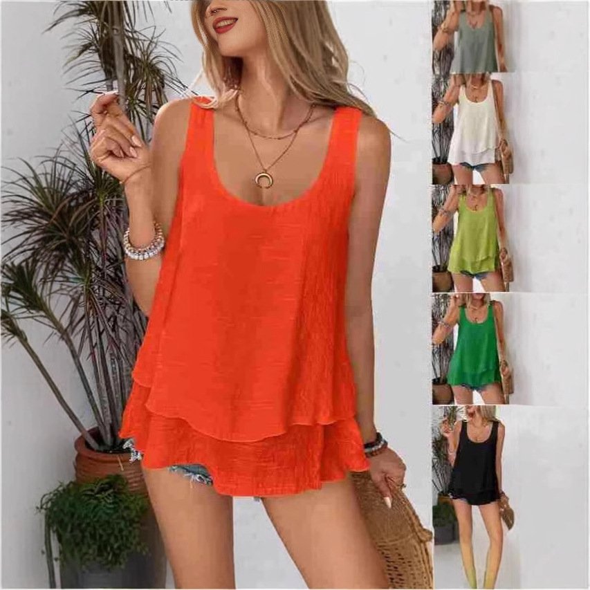 Apricot & Green Double-Layer Vest Top