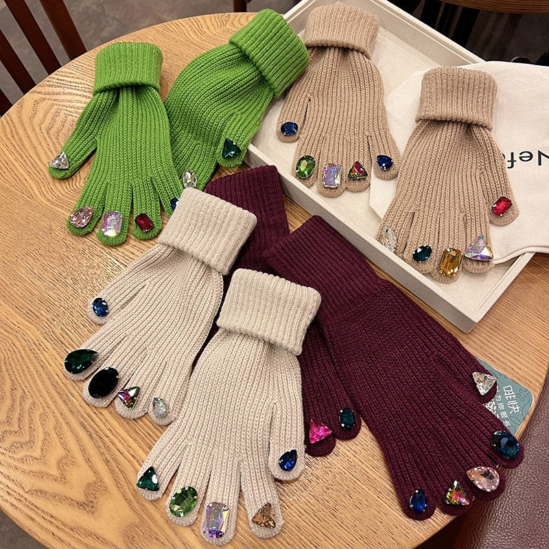 Touch Screen Rhinestone Gloves for Women