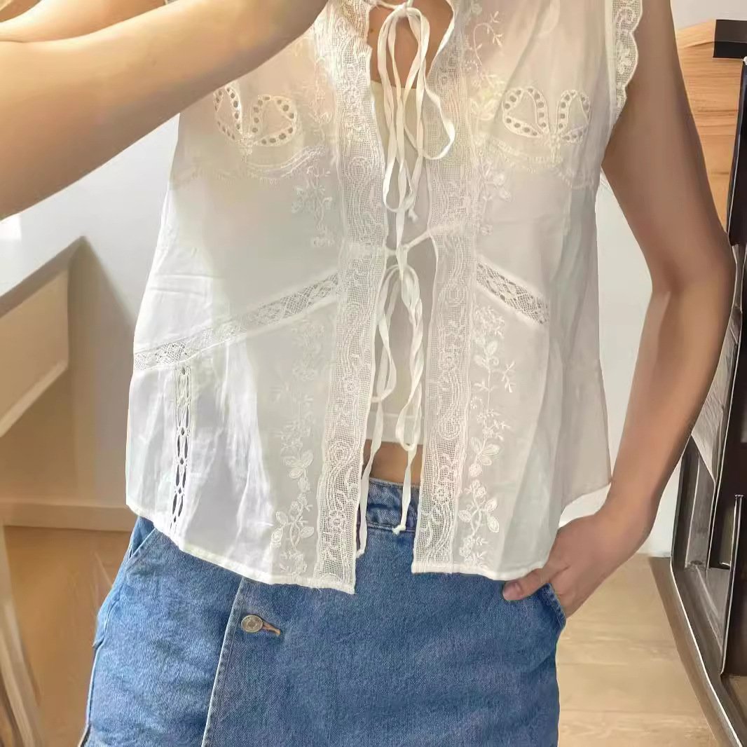 Lace Embroidered Bowknot Sleeveless Summer Shirt