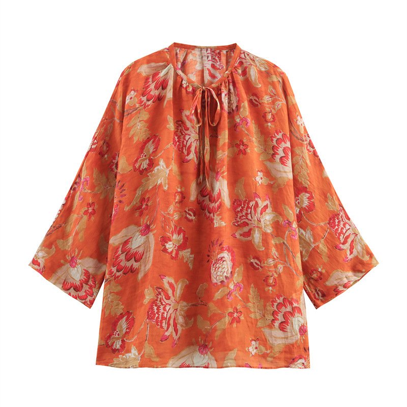 Summer Ethnic Print Long-Sleeve Pleated Blouse