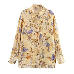 Floral Ethnic Long Sleeve Linen-Blend Shirt
