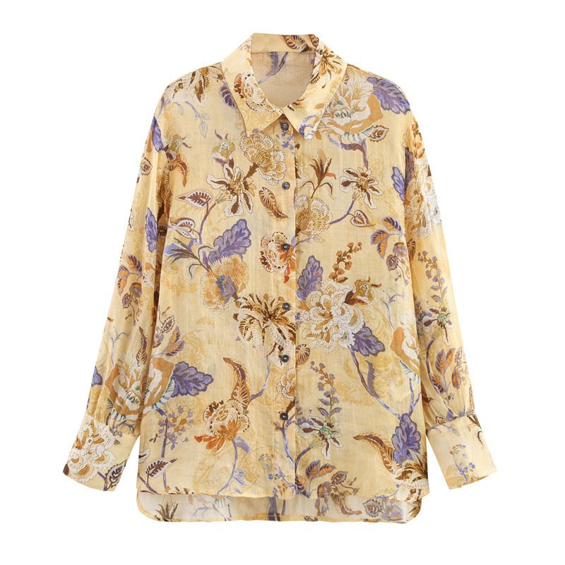 Floral Ethnic Long Sleeve Linen-Blend Shirt