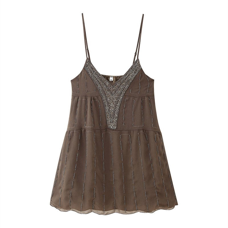 Coffee V-Neck Beaded Sequins Camisole