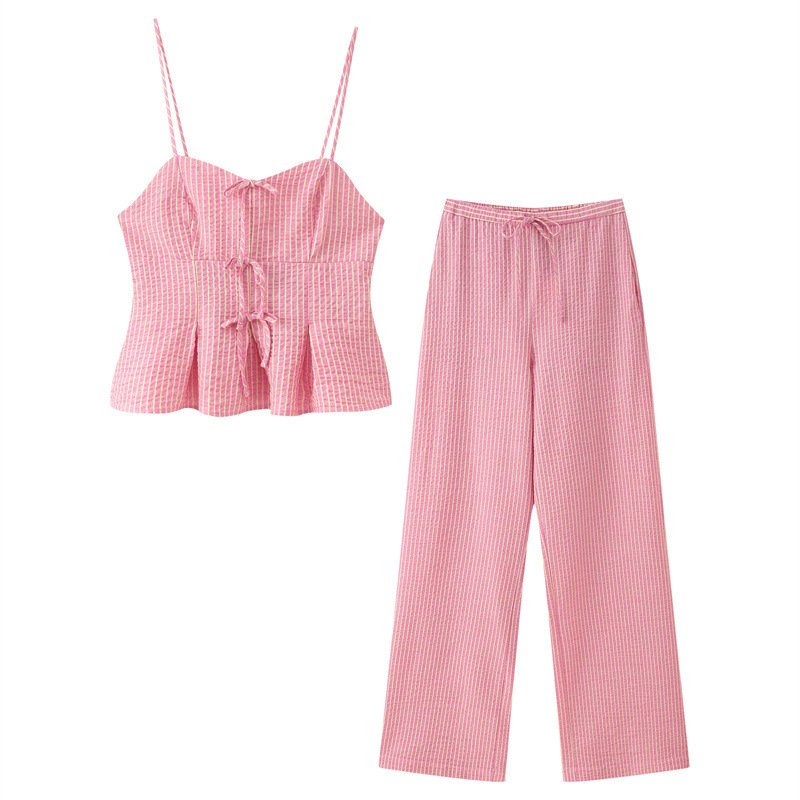 Wide Leg Pink Striped Pants Set