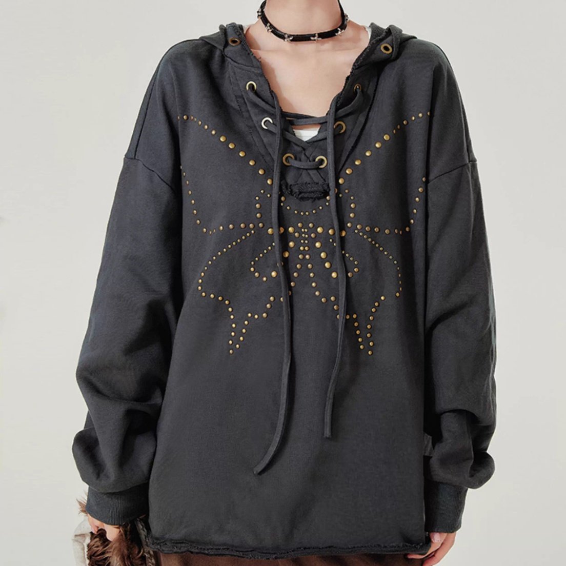 Women's Retro Hooded Sweater V-Neck Loose Top