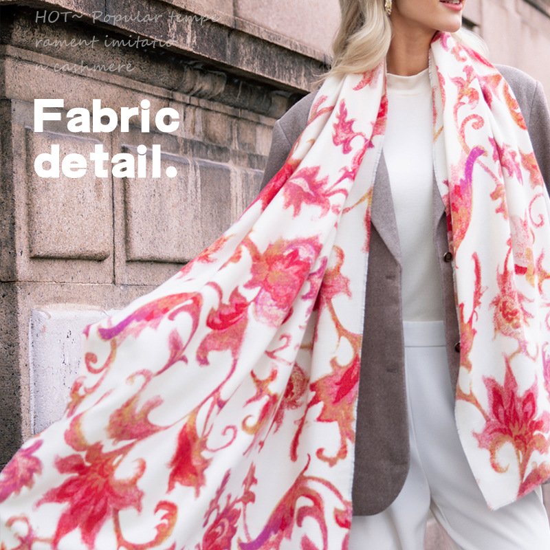 Winter Red Flower Scarf for Women Elegant Printing