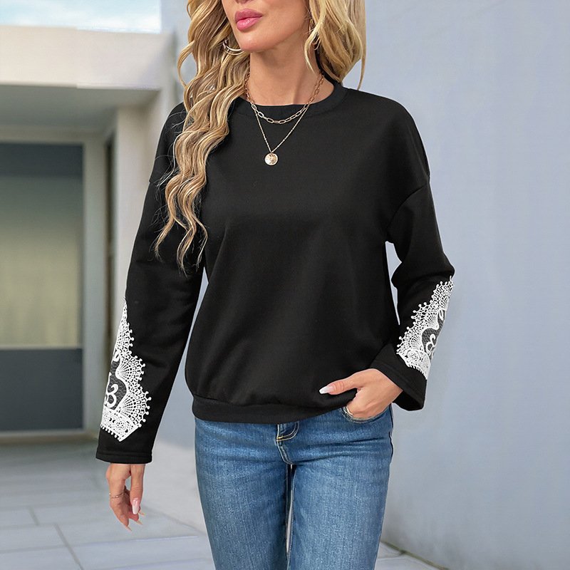Lace Stitching Round Neck Pullover Top for Women