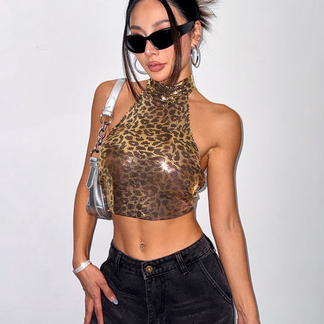 Leopard Print Halter Sequin Vest for Women