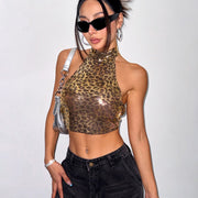 Leopard Print Halter Sequin Vest for Women