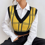 Yellow Plaid Women's V-Neck Waistcoat
