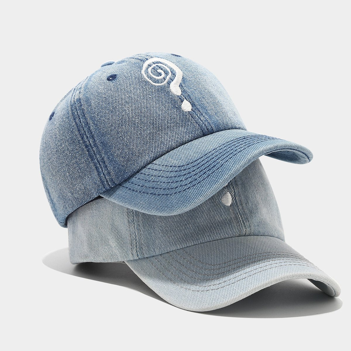 Light Blue Denim Baseball Cap with Retro Question Mark Pattern
