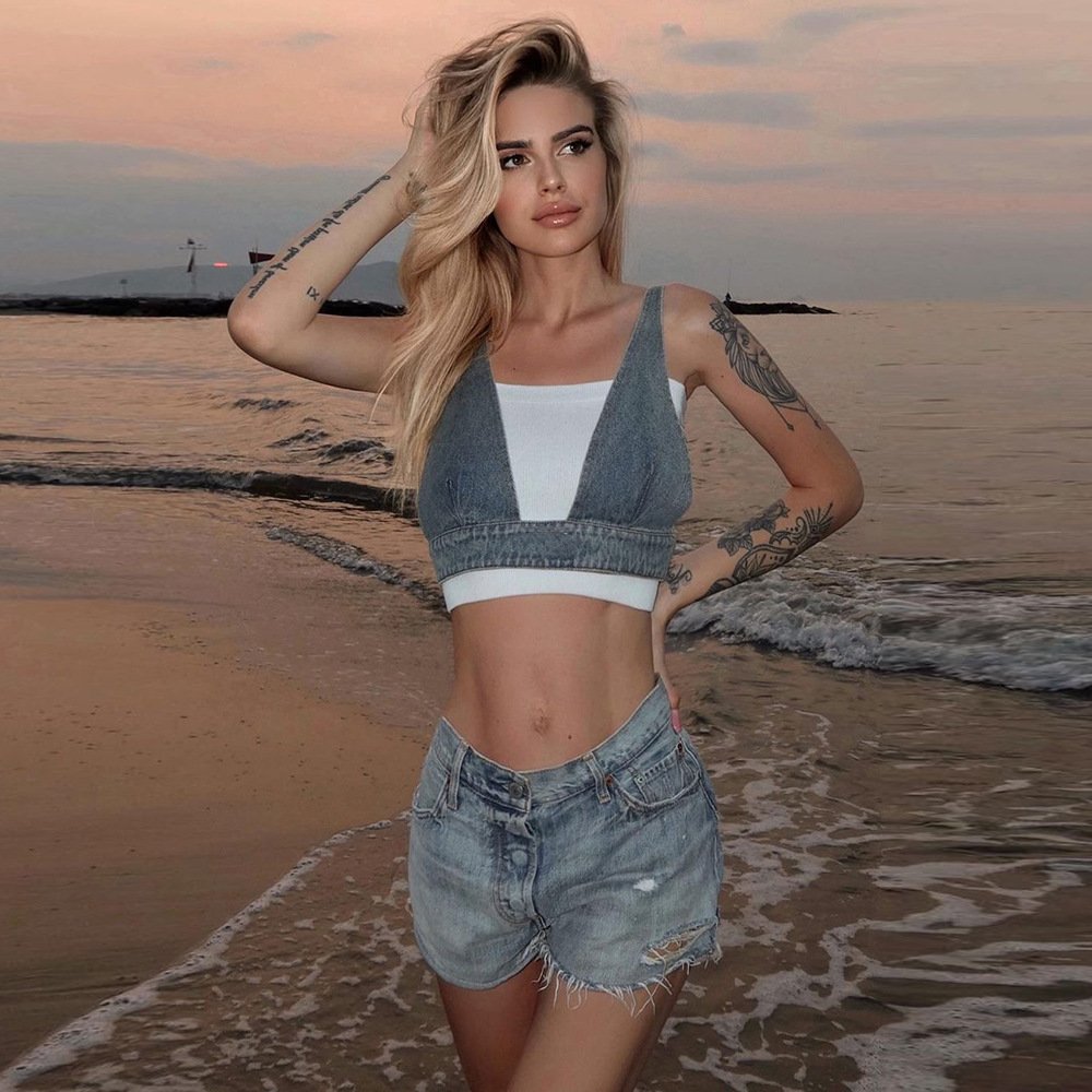 Sexy Denim Vest Bra with Buckle Back