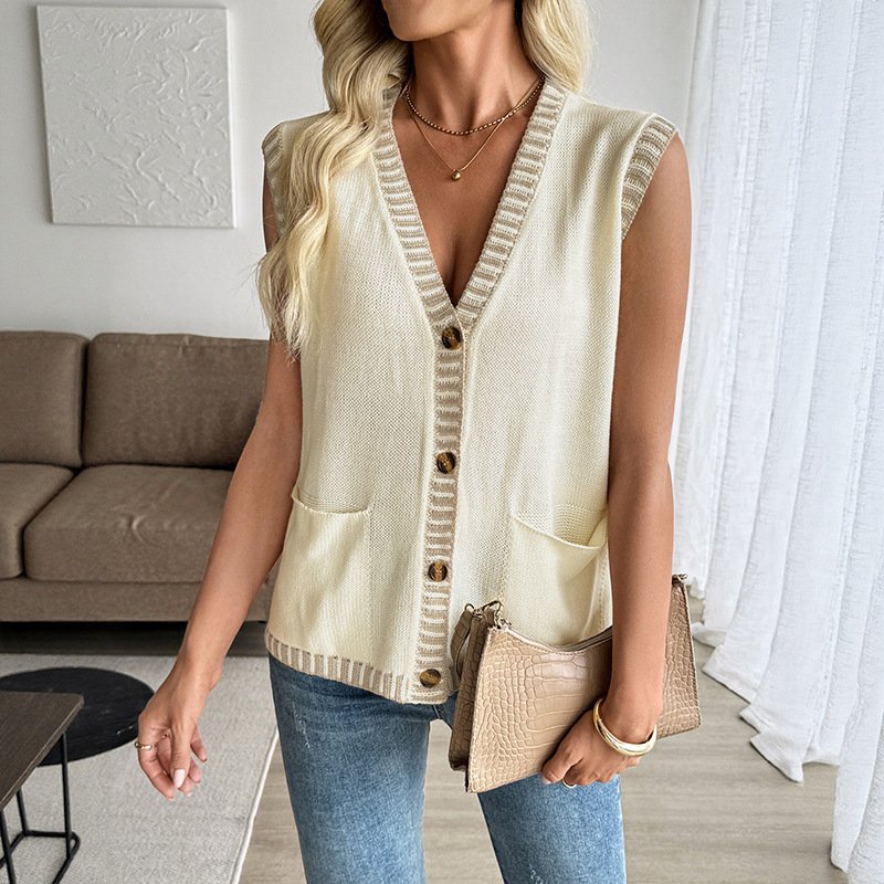 Contrast Color Sleeveless Cardigan Vest for Women