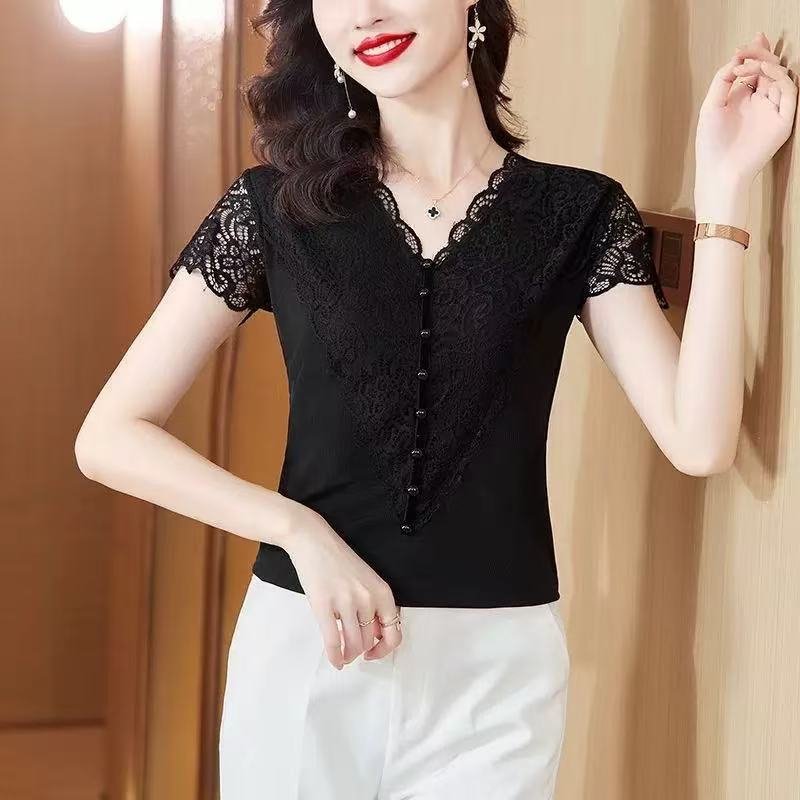 Elegant Slimming Lace Top – Beaded Short‑Sleeve Dress Shirt