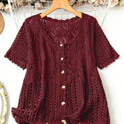 Elegant Hollow-Out Button Short‑Sleeve Top – Plus Sizes