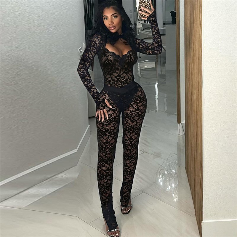 Sexy Lace Jumpsuit for Women - Black Solid Color Hollow Out Stitching