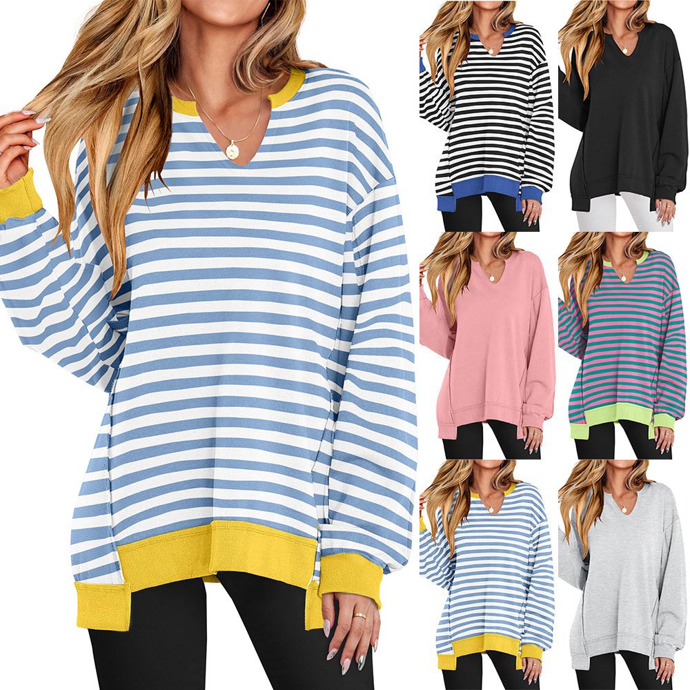 Cozy Striped V-Neck Sweatshirt for Women