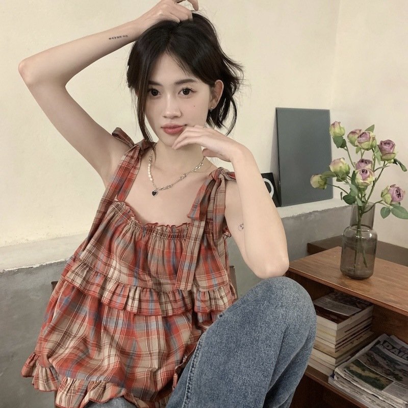 Spring & Summer Short Sleeveless Plaid Vest Top for Women