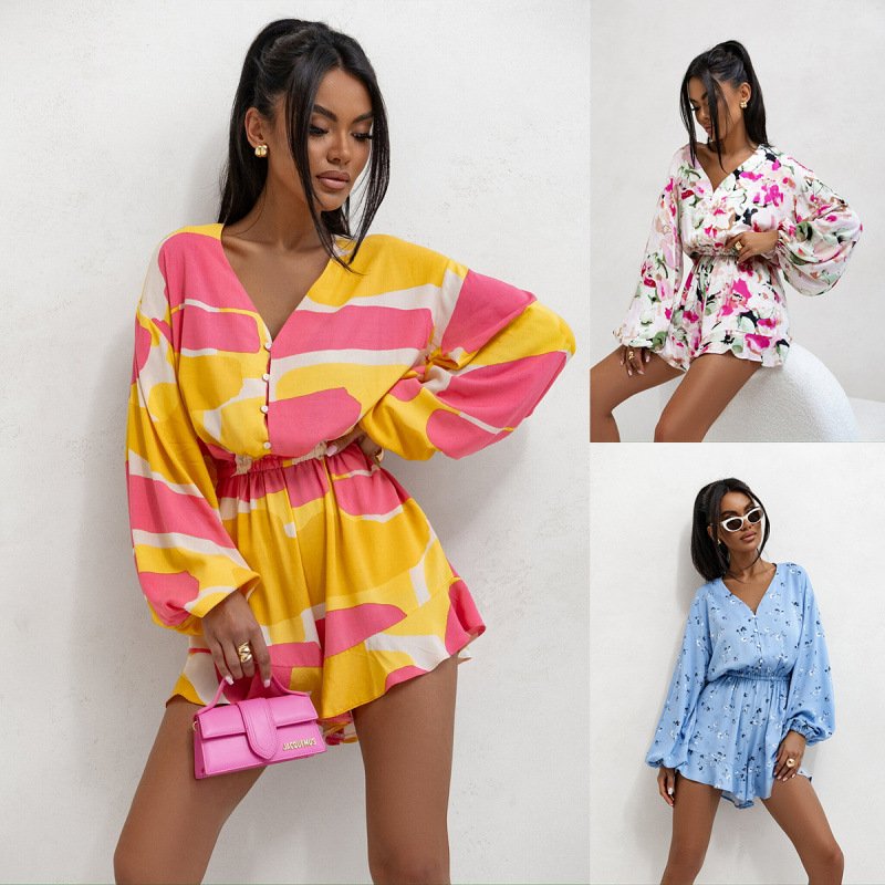 Yellow Floral V-Neck Long Sleeve Jumpsuit