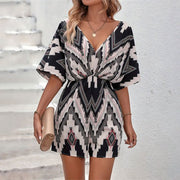 V-Neck One-Piece Jumpsuit for Women - Loose Fit, Printed Design