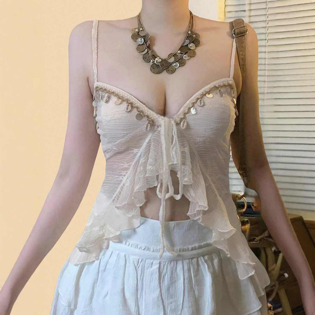 Sexy Lace-up Mesh Vest for Women - Irregular See-through Design