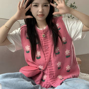 Pink Embroidered Flower Knitted Vest Sweater for Women