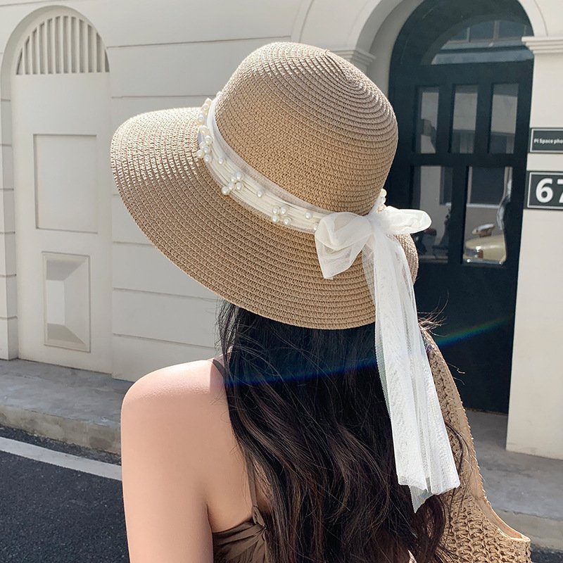 Breathable Sun Hat with Pearl Lace Bow