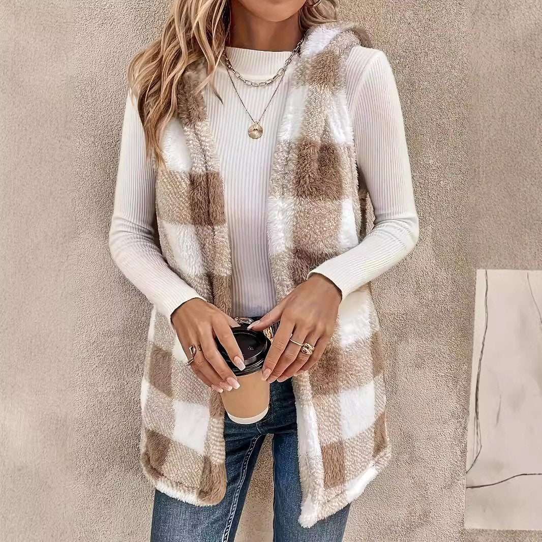 Women's Two-Tone Plaid Hooded Cardigan Vest Coat
