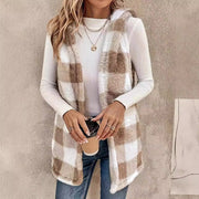 Women's Two-Tone Plaid Hooded Cardigan Vest Coat