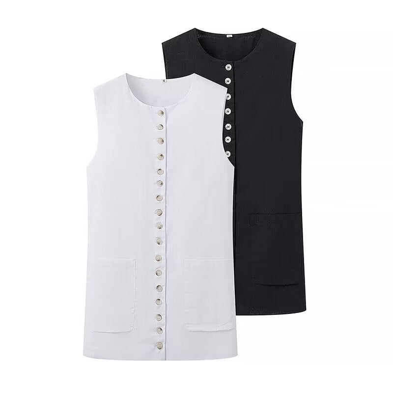 Versatile Button Design Round Neck Vest Top for Women