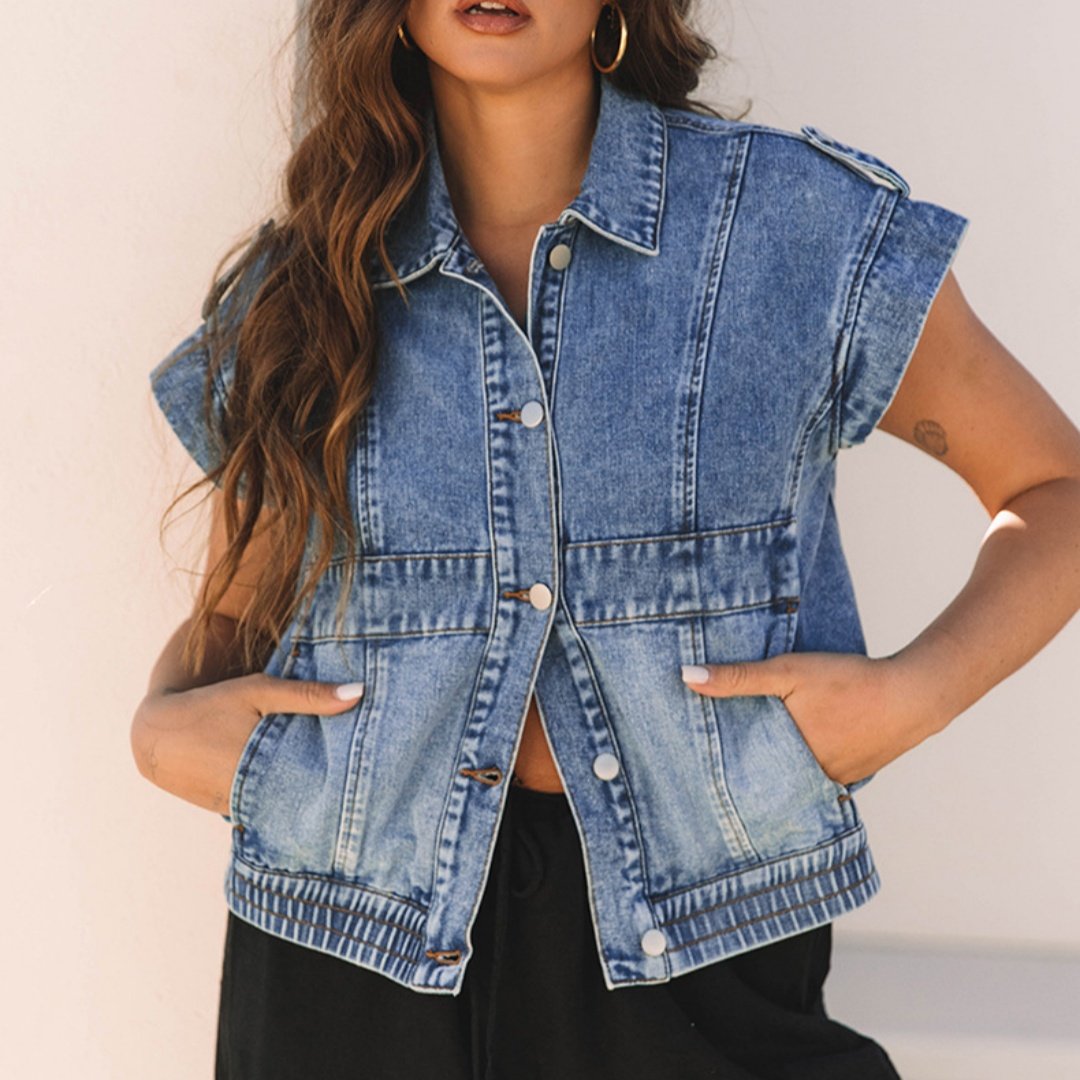 Casual Denim Vest for Women - Short Sleeve Button Front