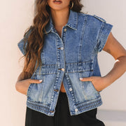 Casual Denim Vest for Women - Short Sleeve Button Front