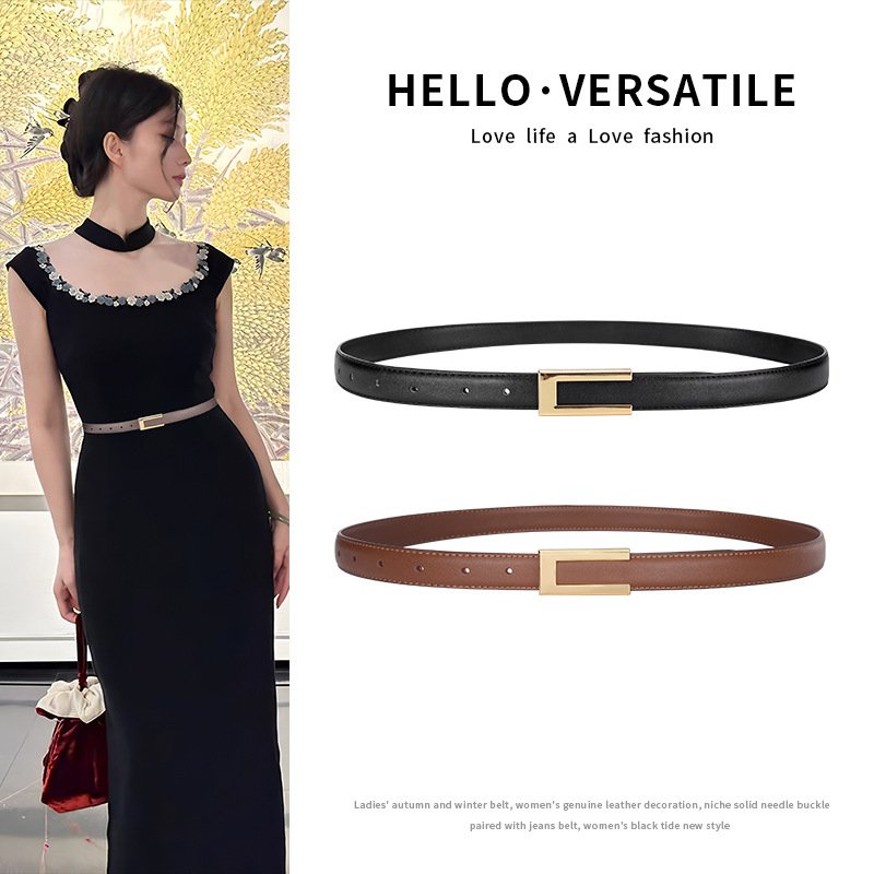 Retro Black Cowhide Leather Belt for Women