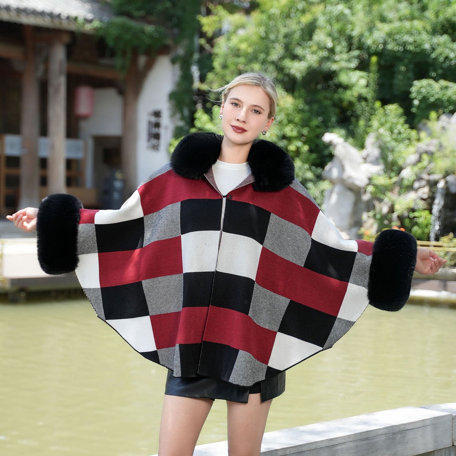 Autumn Winter Plaid Coat with Matching Fur Shawl Set