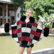 Autumn Winter Plaid Coat with Matching Fur Shawl Set