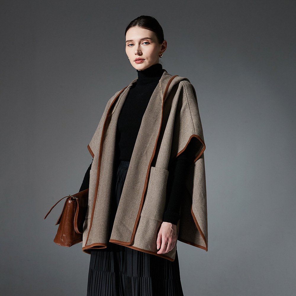 Warm Herringbone Hooded Shawl for Women